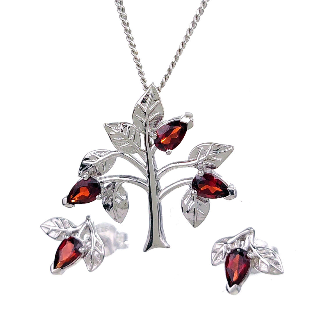 Garnet Necklace Earring Set 1.25ct Pear Red Tree of Life Leaves Sterling Silver