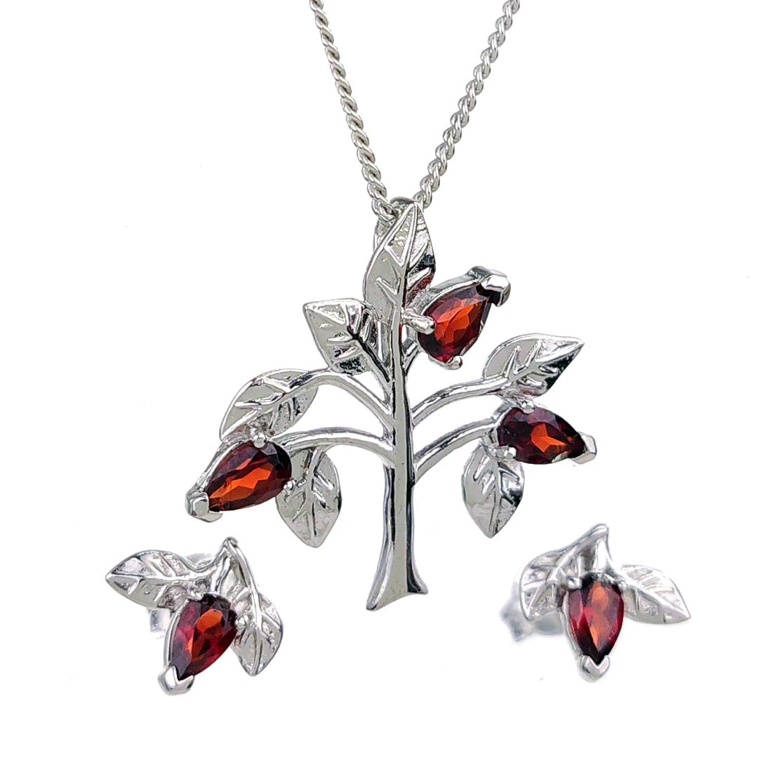 Garnet Necklace Earring Set 1.25ct Pear Red Tree of Life Leaves Sterling Silver