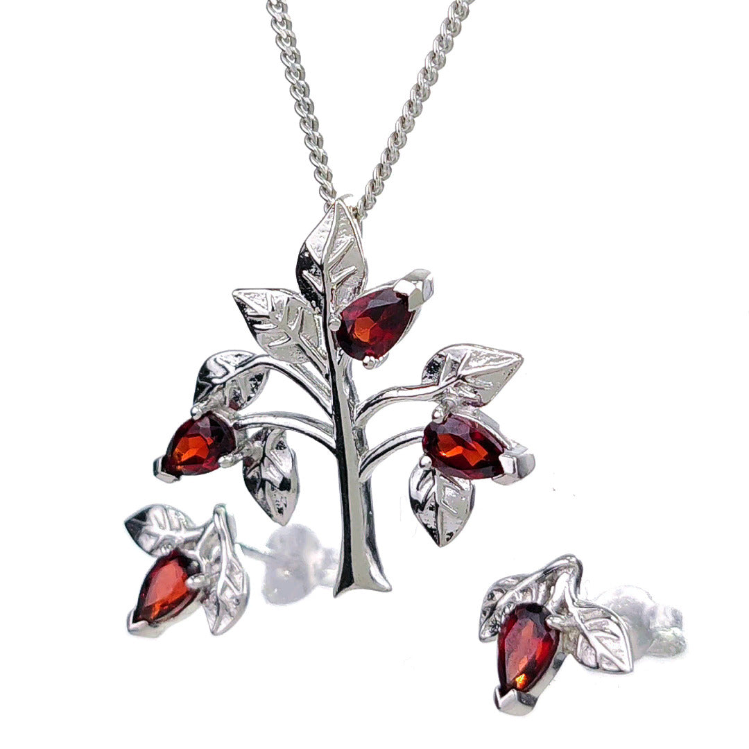 Garnet Necklace Earring Set 1.25ct Pear Red Tree of Life Leaves Sterling Silver