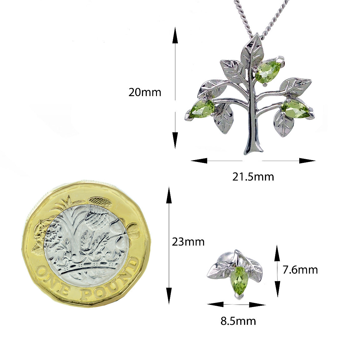 Peridot Necklace Earring Set Tree of Life Leaves
