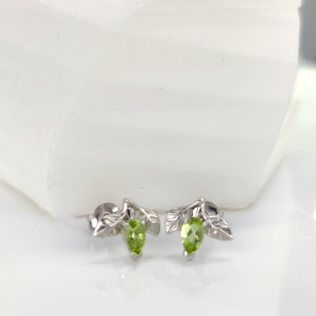 Peridot Earrings 0.5ct Pear Green Leaf Studs Silver August Birthstone