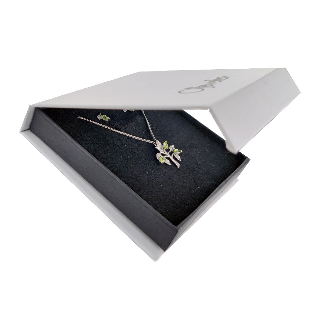 Peridot Necklace Earring Set Tree of Life Leaves