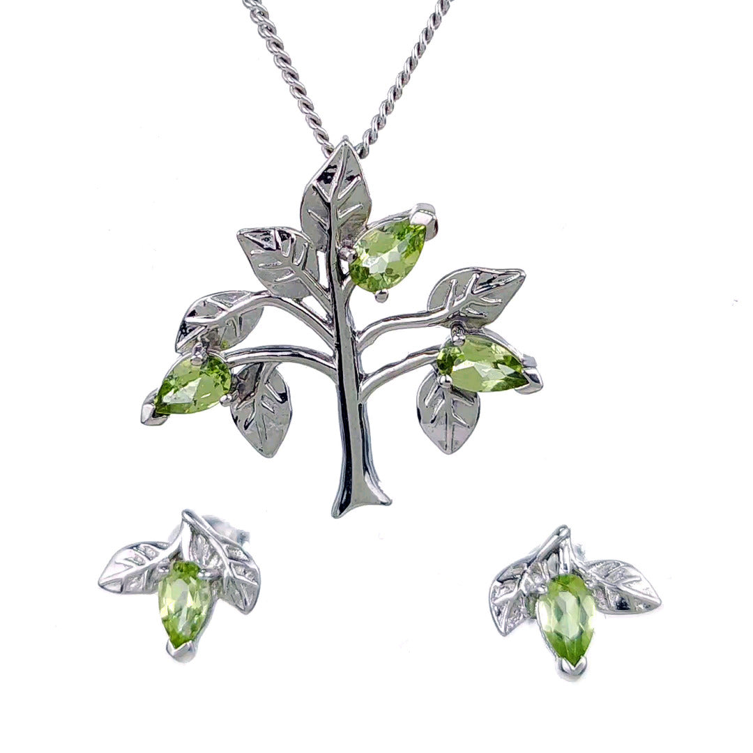 Peridot Necklace Earring Set Tree of Life Leaves
