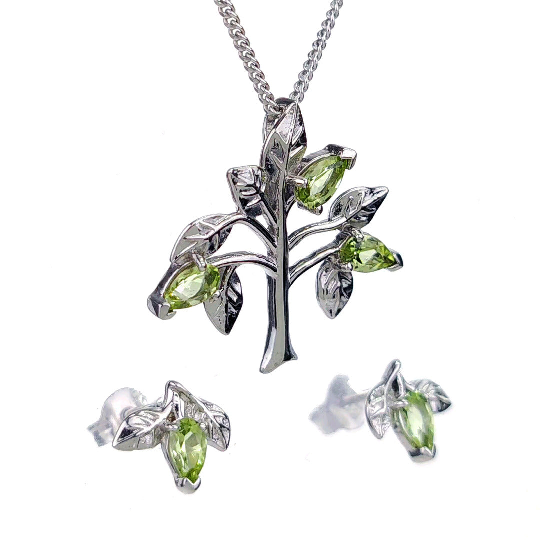 Peridot Necklace Earring Set Tree of Life Leaves