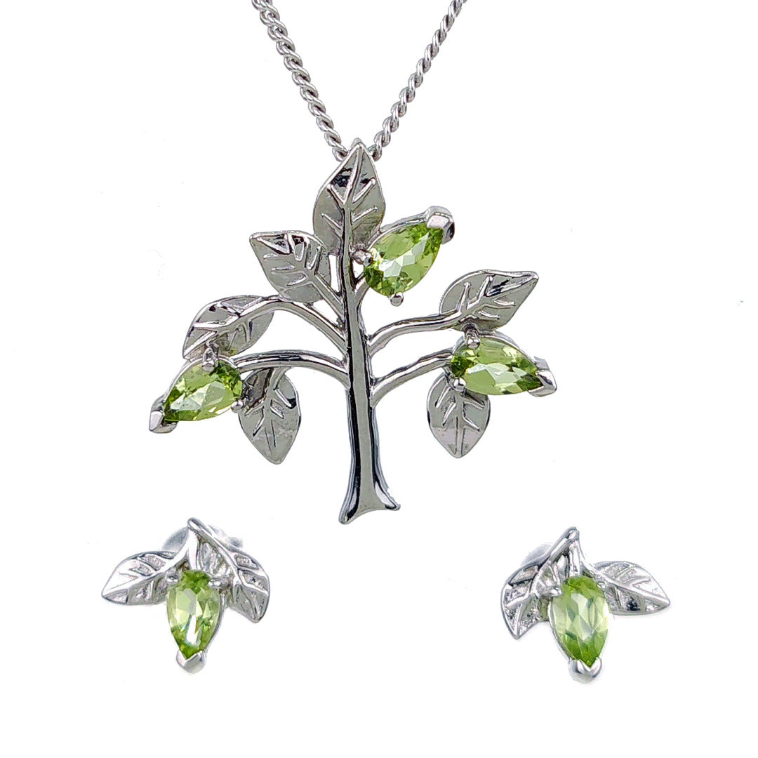 Peridot Necklace Earring Set Tree of Life Leaves