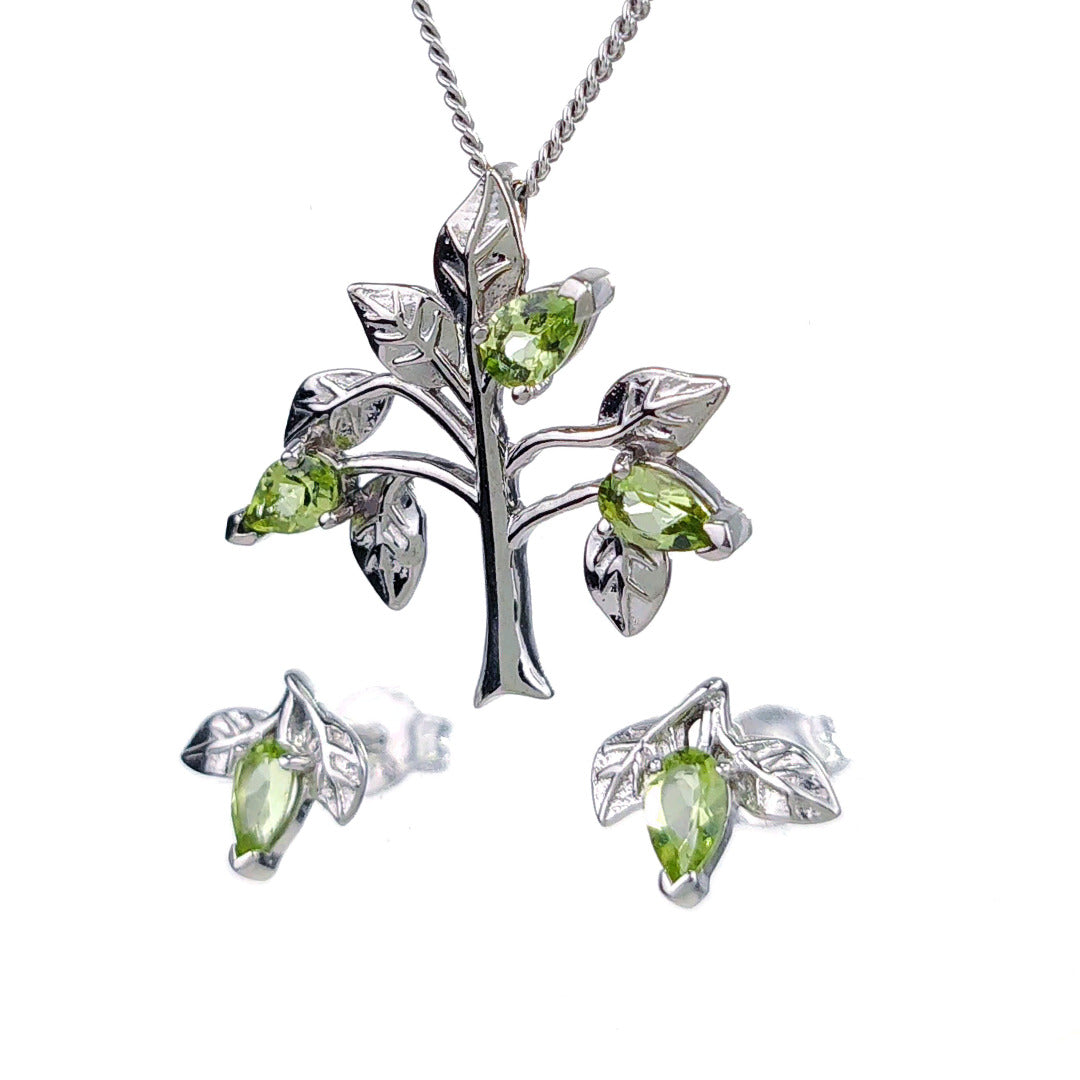 Peridot Necklace Earring Set Tree of Life Leaves