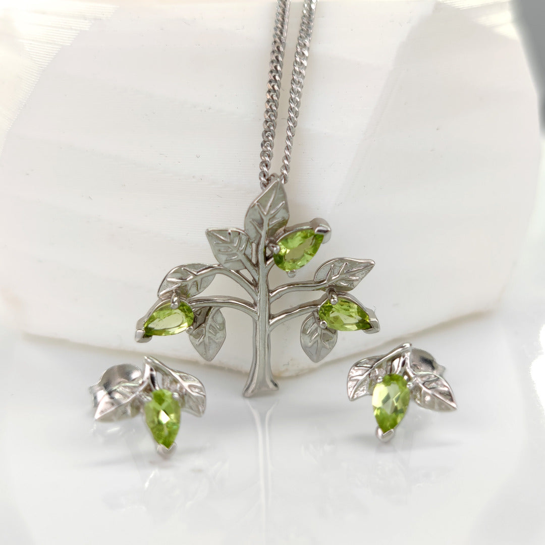Peridot Necklace Earring Set Tree of Life Leaves