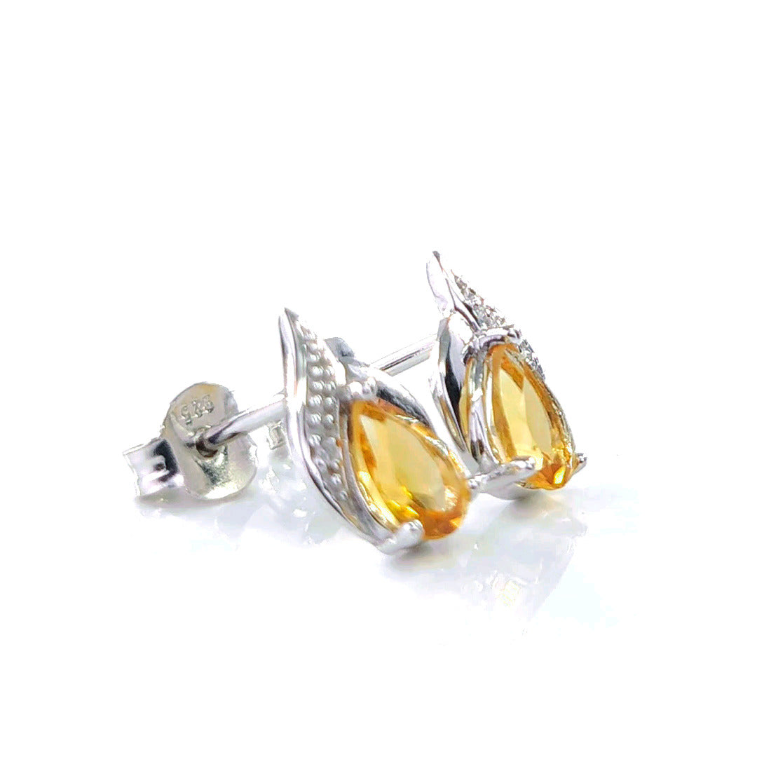Citrine Earrings Diamond 0.7ct Pear Studs Sterling Silver November Birthstone