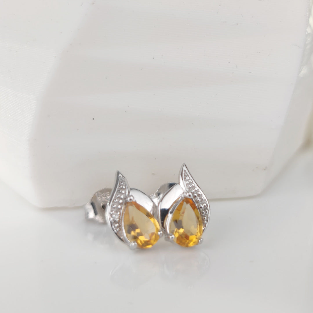Citrine Earrings Diamond 0.7ct Pear Studs Sterling Silver November Birthstone