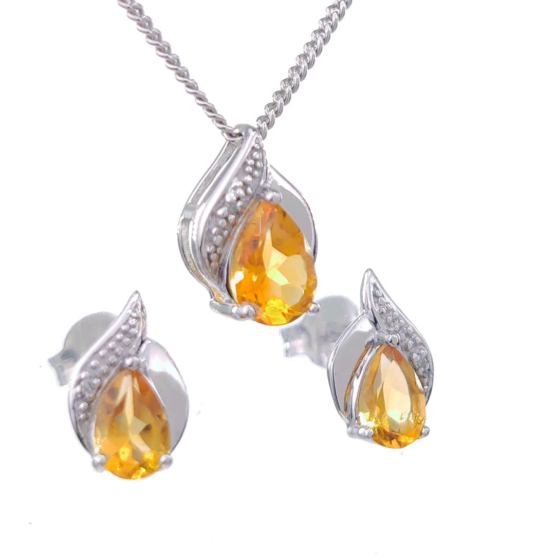 Citrine Necklace Earring Set Diamond 1.35ct Pear Sterling Silver November Birthstone
