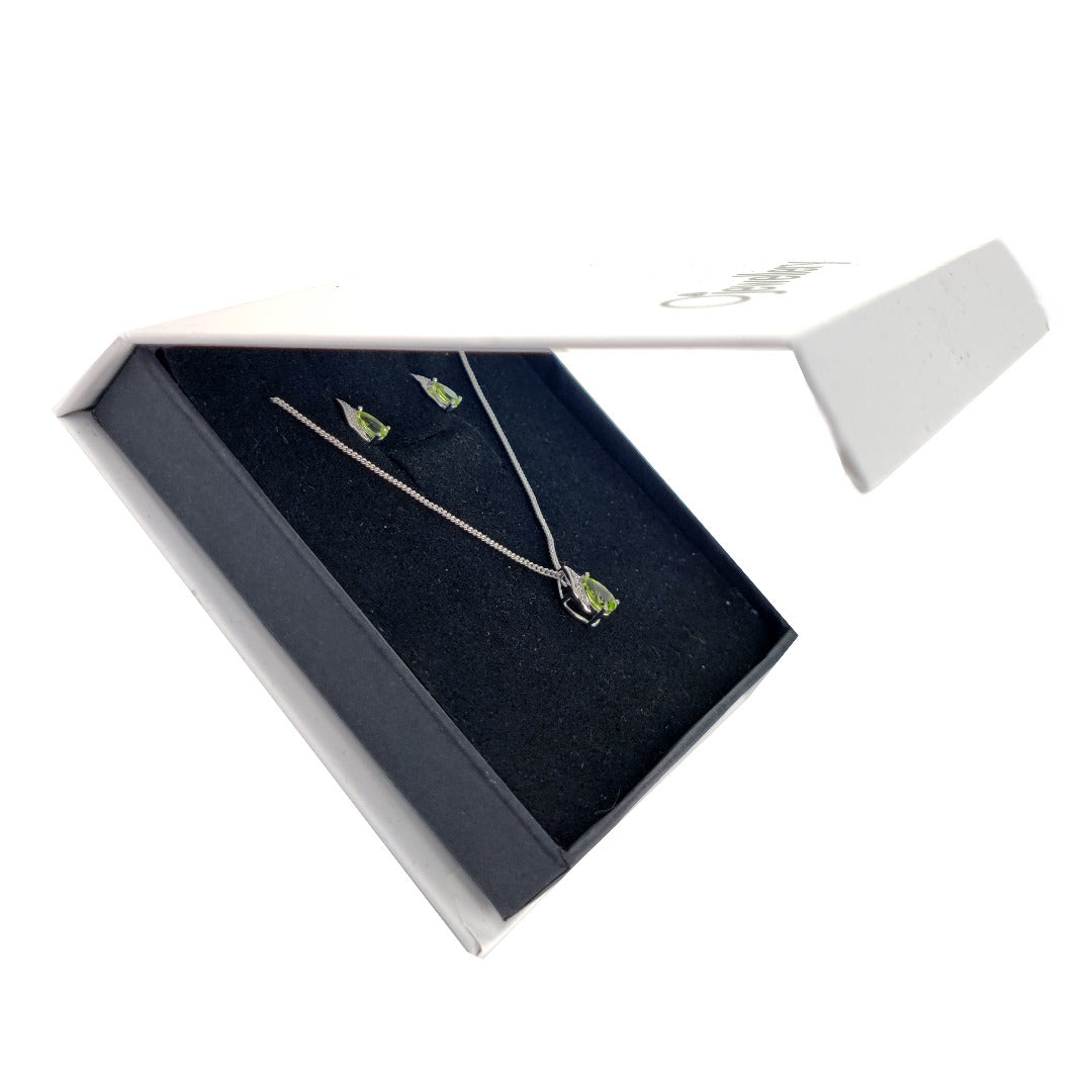 Peridot Necklace Earring Set Diamond 1.9ct Green Pear Silver August Birthstone