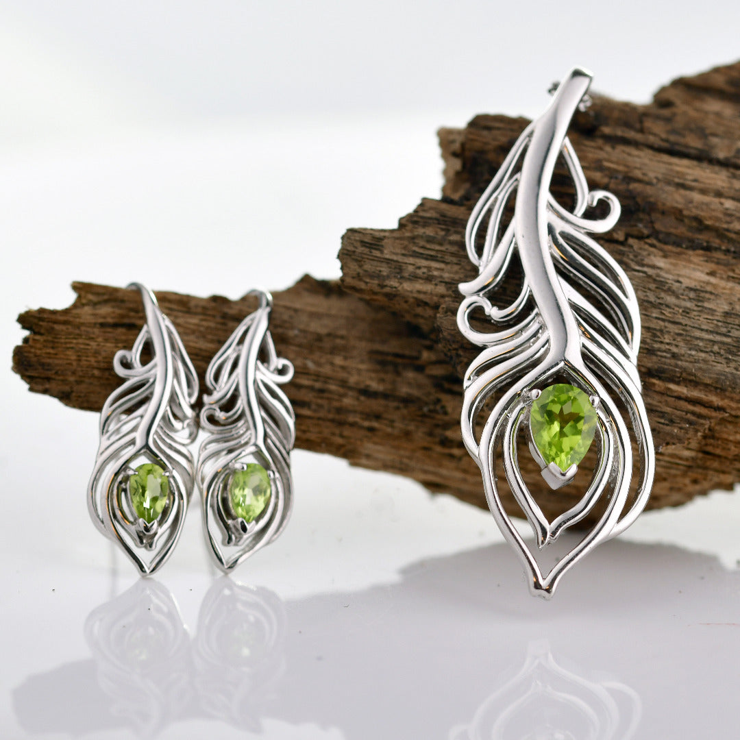 Peridot Peacock Feather Necklace Earring Set