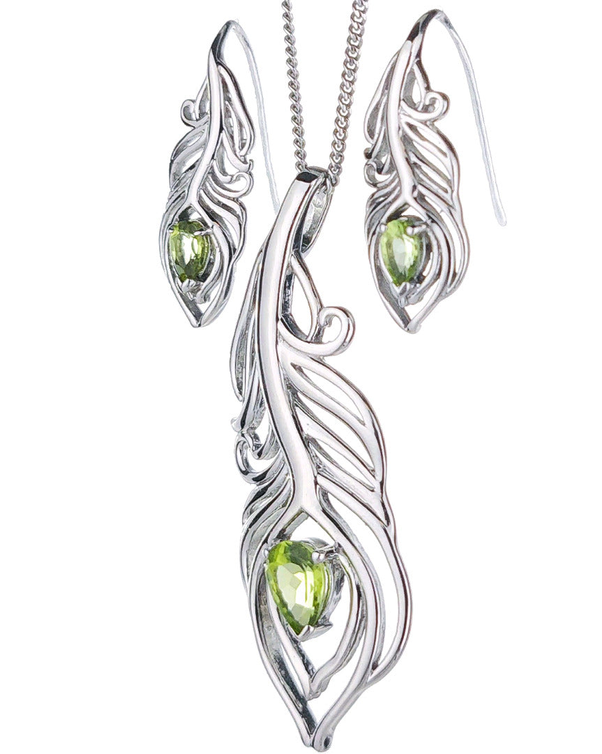 Peridot Peacock Feather Necklace Earring Set