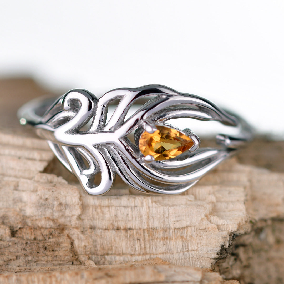 Sterling Silver Citrine Ring Size J-T Adjustable Yellow Peacock Feather November Birthstone