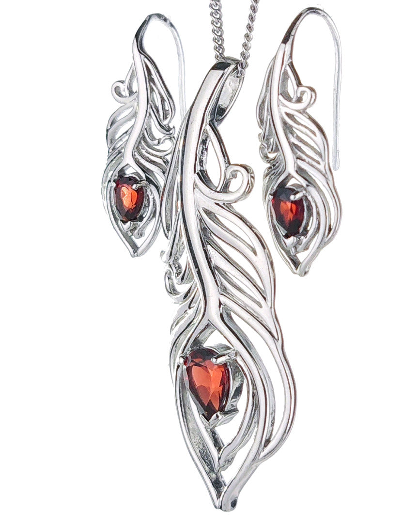 Sterling Silver Garnet Set Necklace Earrings Peacock Feather Red January Birthstone
