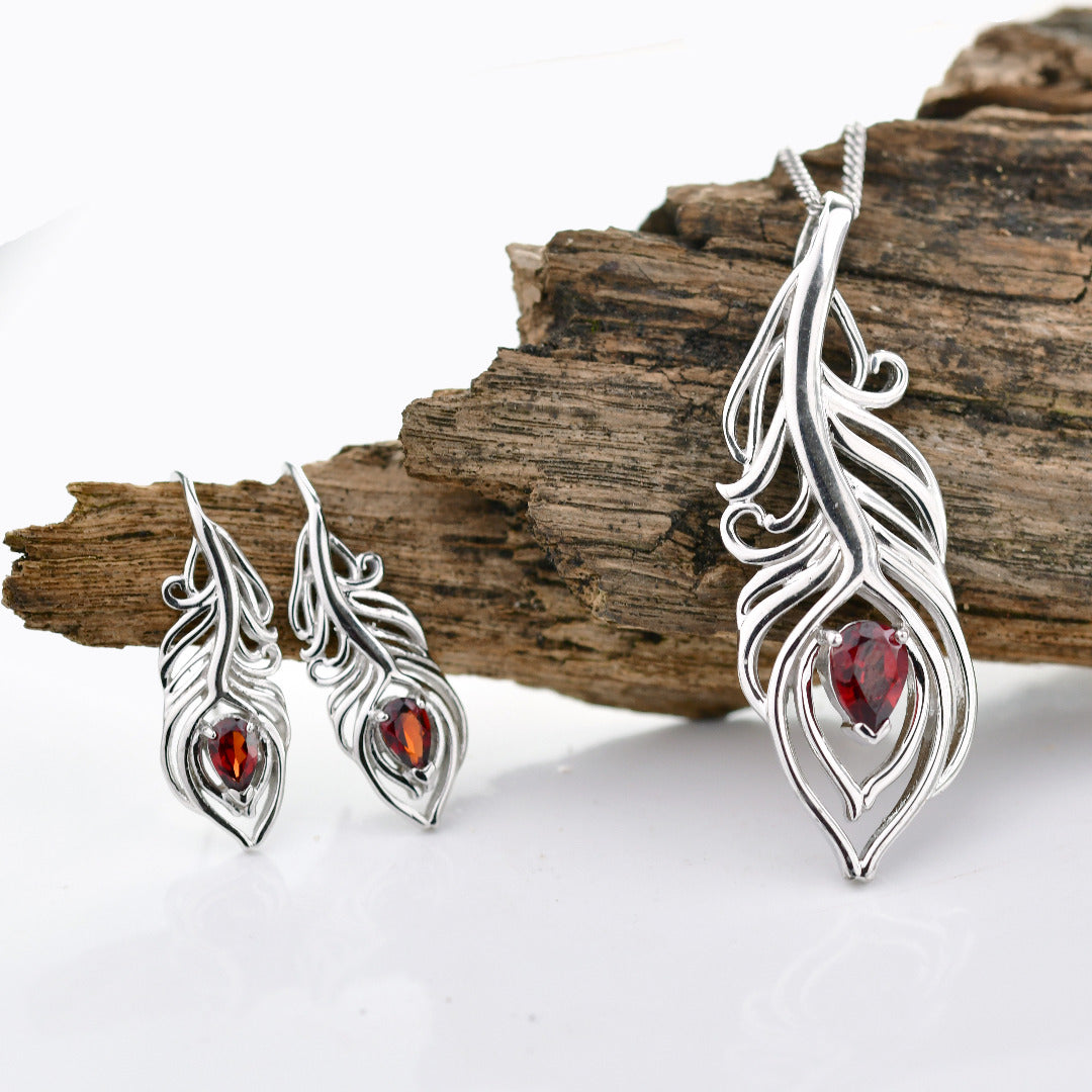 Sterling Silver Garnet Set Necklace Earrings Peacock Feather Red January Birthstone