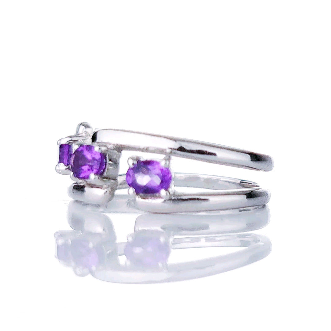 Adjustable Amethyst Trilogy Ring Size I-S Sterling Silver