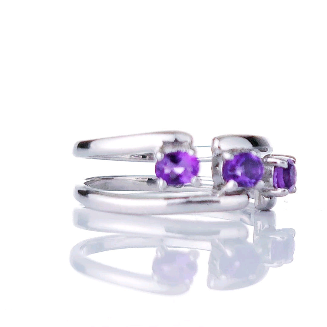 Adjustable Amethyst Trilogy Ring Size I-S Sterling Silver
