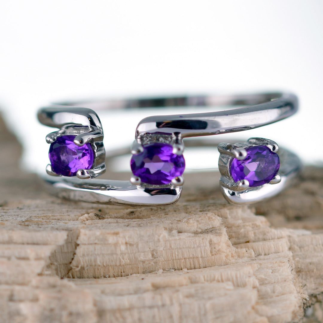 Adjustable Amethyst Trilogy Ring Size I-S Sterling Silver