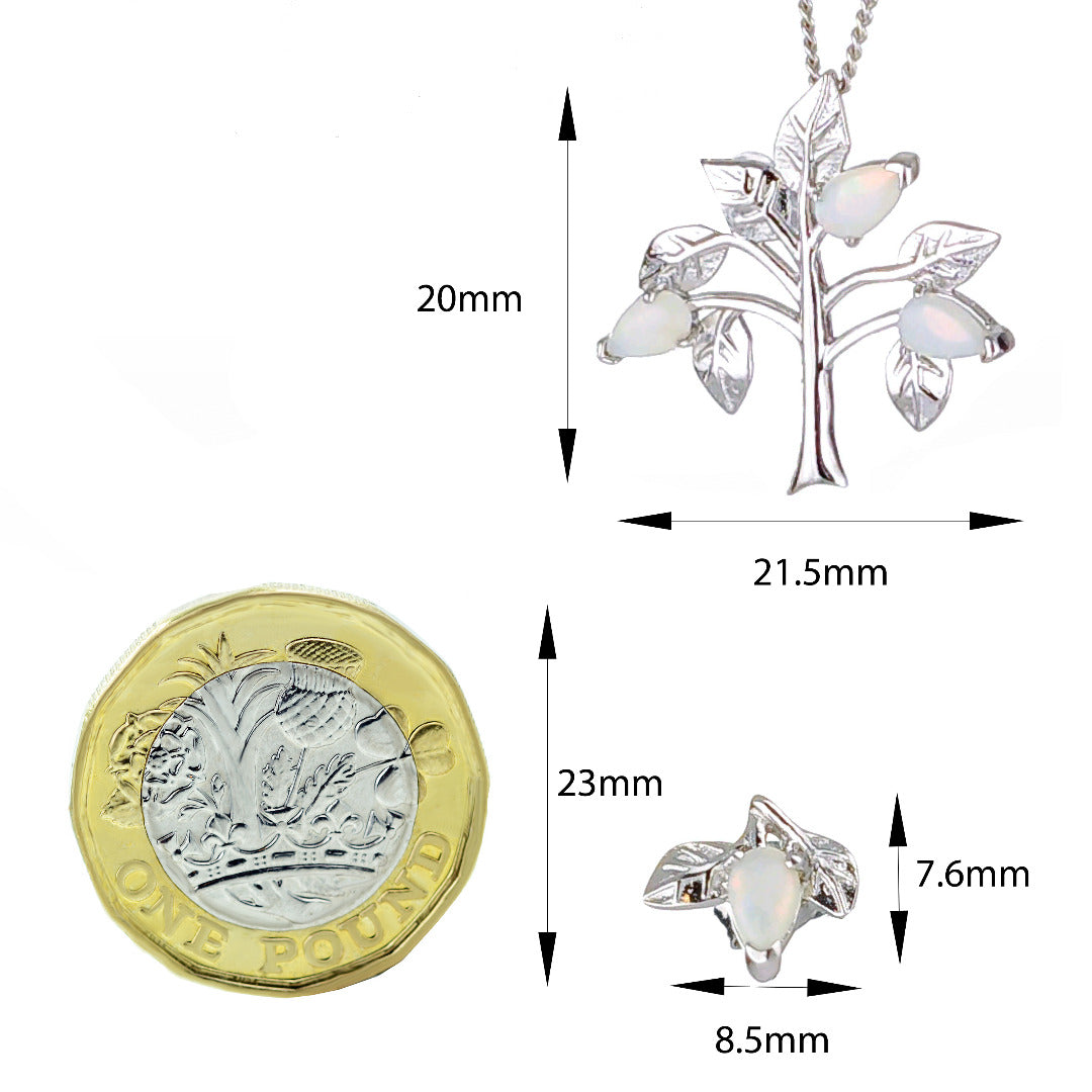 Opal Necklace Earring Set Sterling Silver Tree of Life Leaves October Birthstone