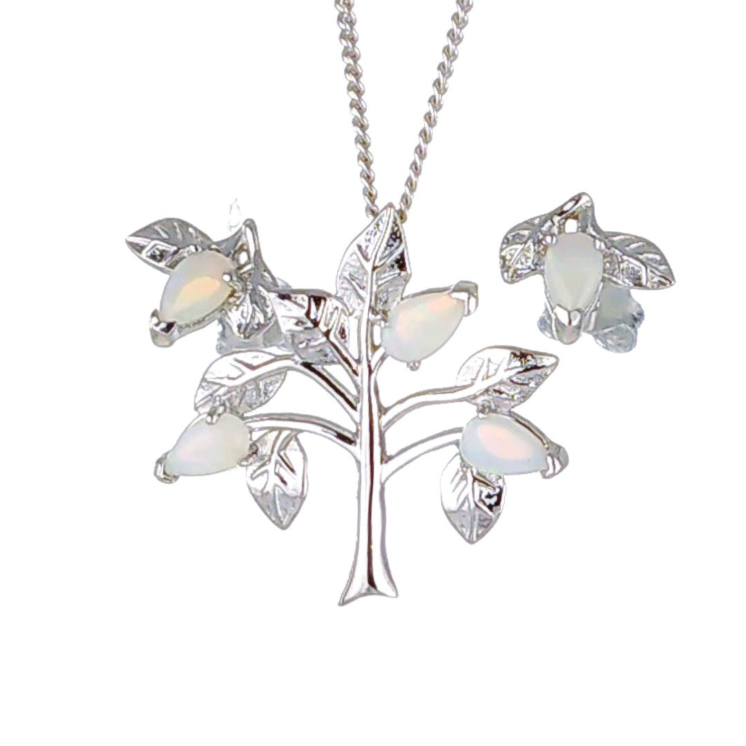 Opal Necklace Earring Set Sterling Silver Tree of Life Leaves October Birthstone