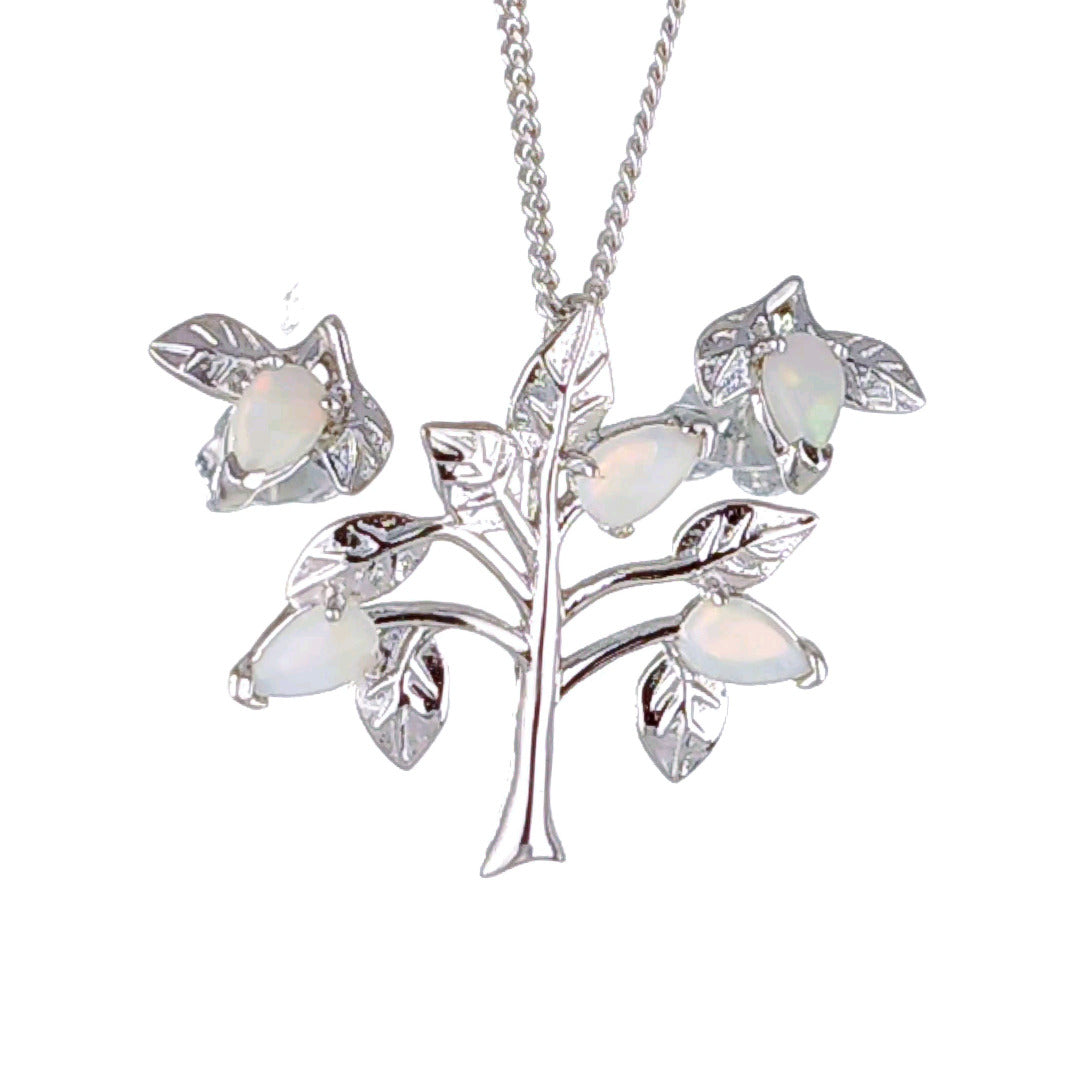 Opal Necklace Earring Set Sterling Silver Tree of Life Leaves October Birthstone