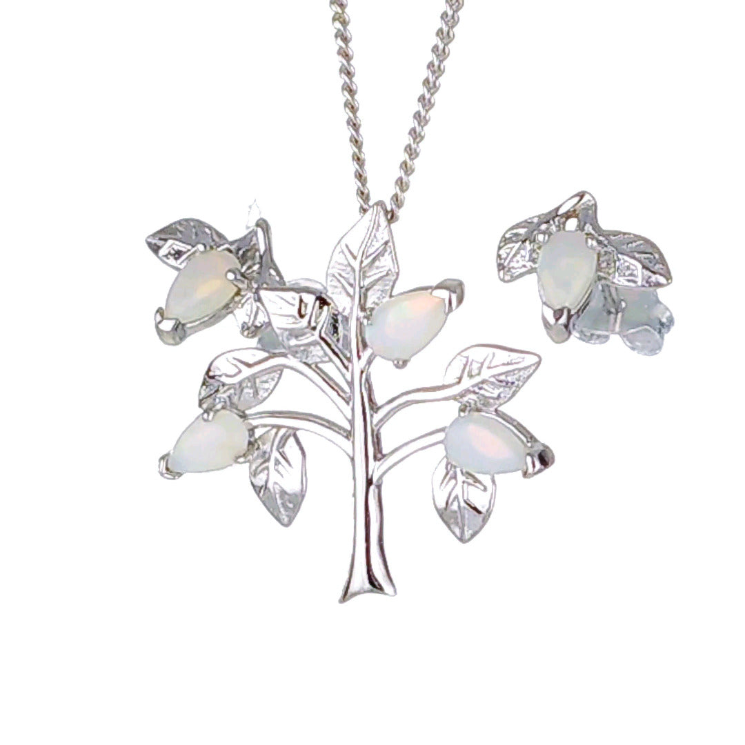 Opal Necklace Earring Set Sterling Silver Tree of Life Leaves October Birthstone