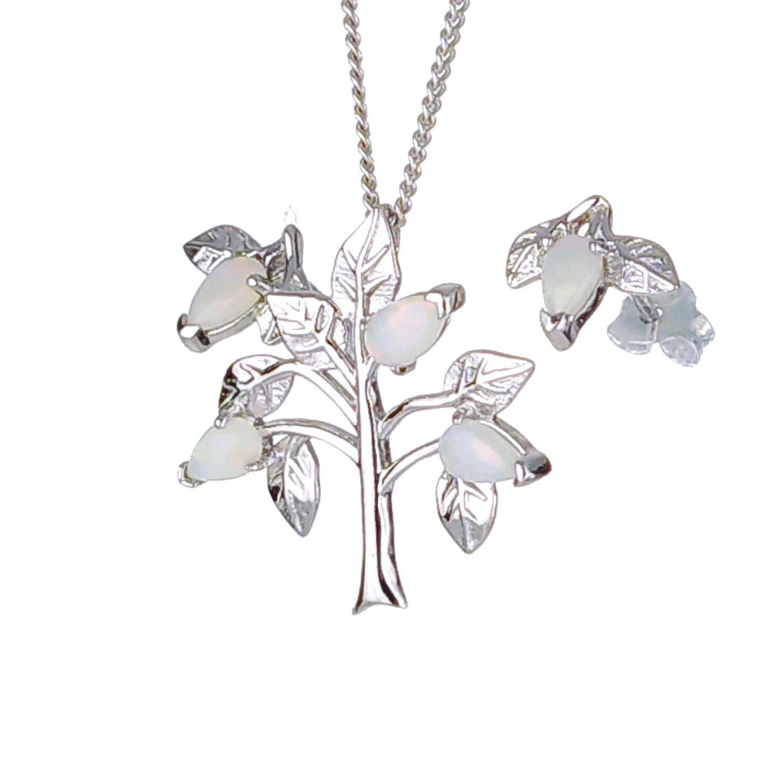 Opal Necklace Earring Set Sterling Silver Tree of Life Leaves October Birthstone
