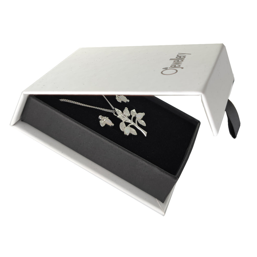 Opal Necklace Earring Set Sterling Silver Tree of Life Leaves October Birthstone
