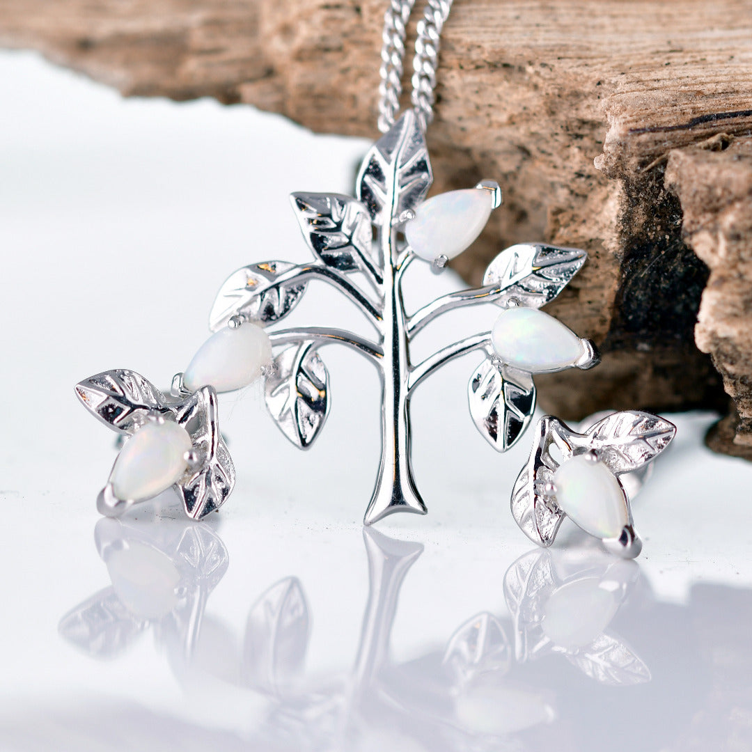 Opal Necklace Earring Set Sterling Silver Tree of Life Leaves October Birthstone