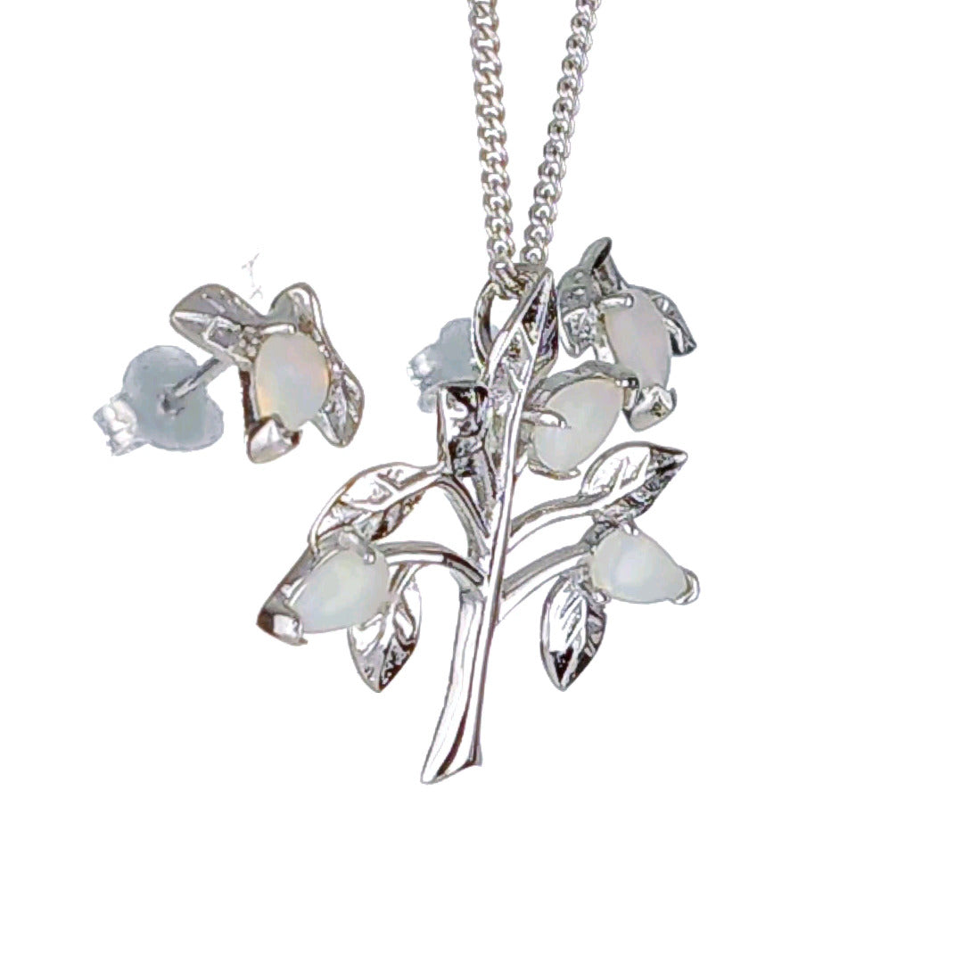 Opal Necklace Earring Set Sterling Silver Tree of Life Leaves October Birthstone