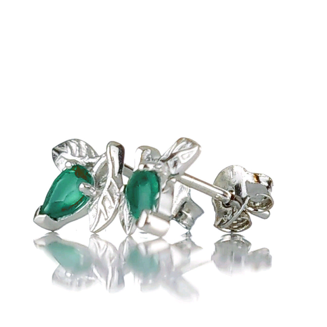 Onyx Green Earrings Sterling Silver Leaf Studs May Birthstone