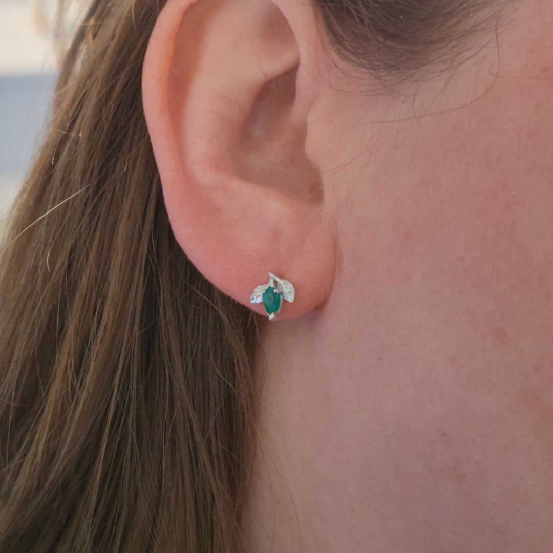 Onyx Green Earrings Sterling Silver Leaf Studs May Birthstone