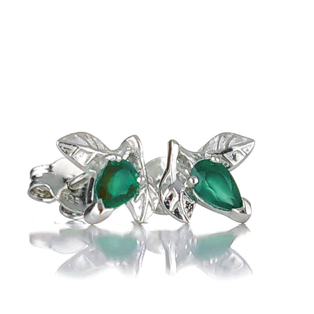 Onyx Green Earrings Sterling Silver Leaf Studs May Birthstone