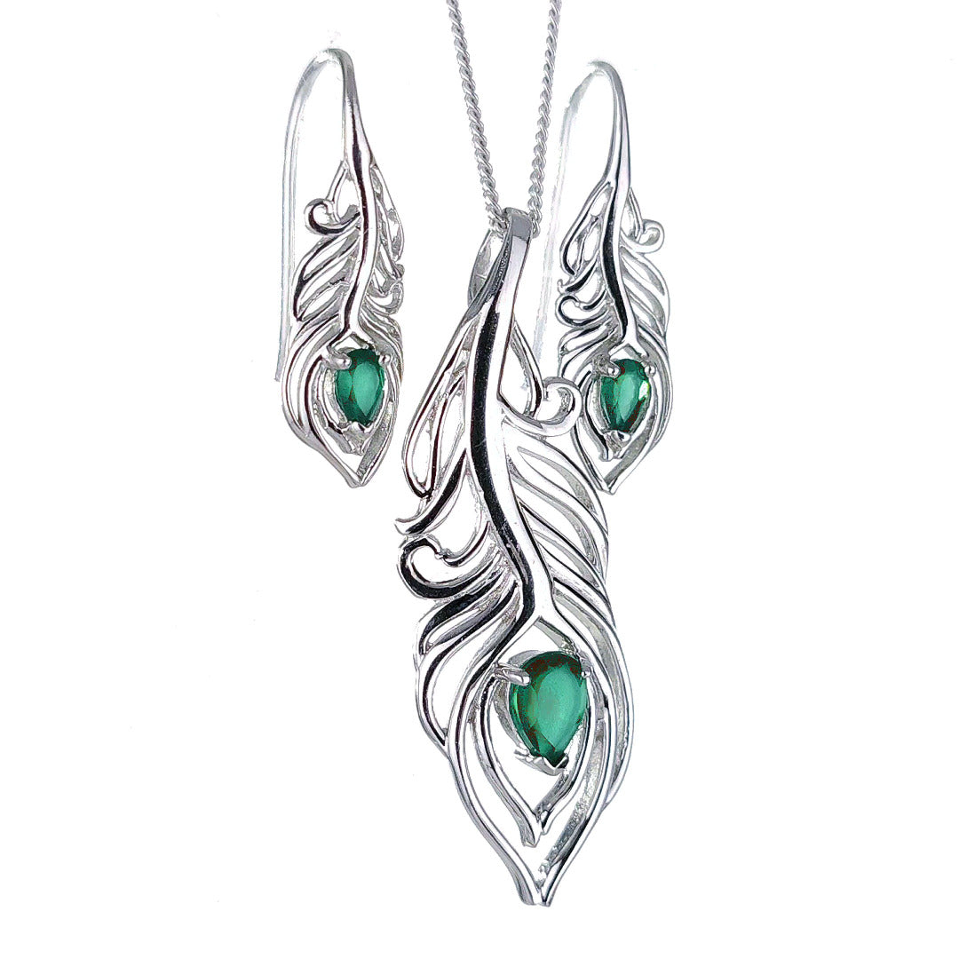 Sterling Silver Onyx Green Set Peacock Feather May Birthstone