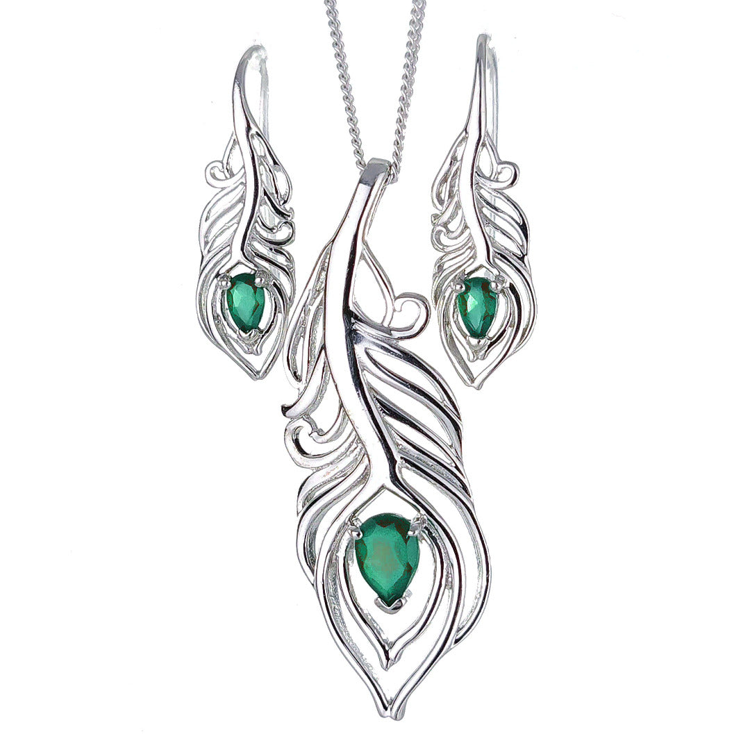 Sterling Silver Onyx Green Set Peacock Feather May Birthstone