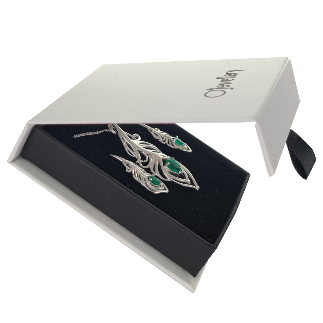 Sterling Silver Onyx Green Set Peacock Feather May Birthstone