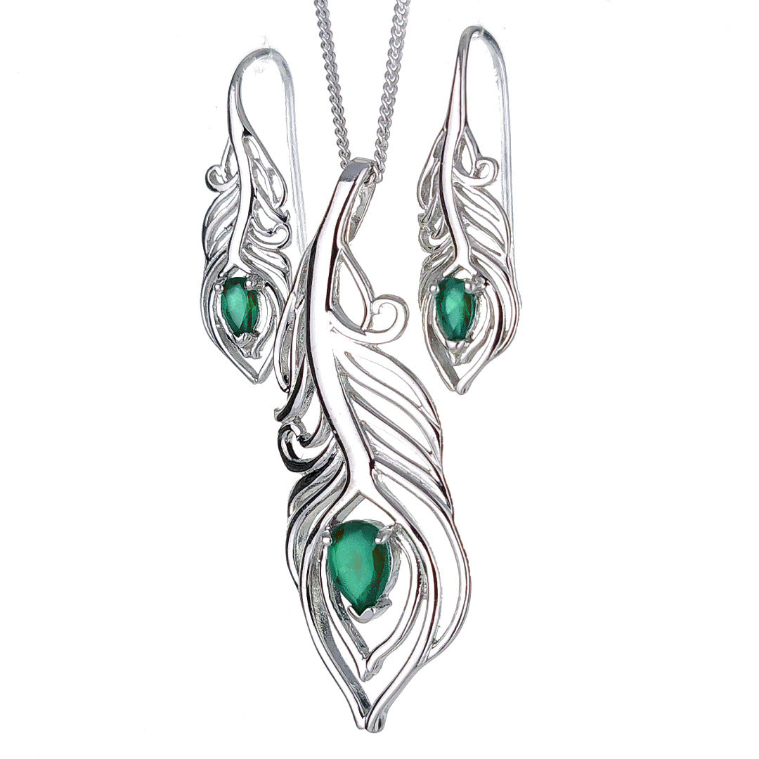 Sterling Silver Onyx Green Set Peacock Feather May Birthstone