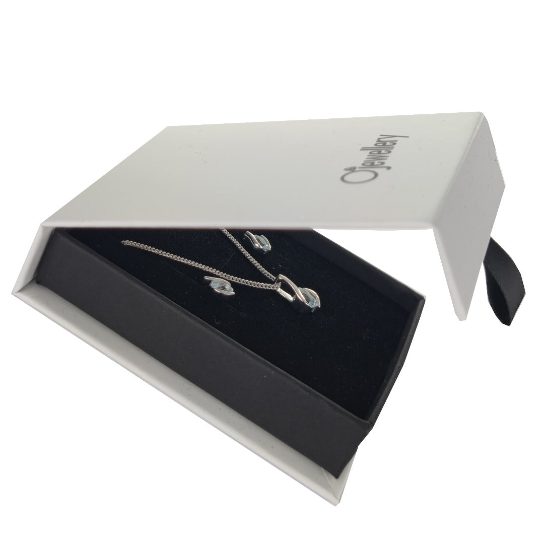 Aquamarine jewellery set in sterling silver shown in gift box