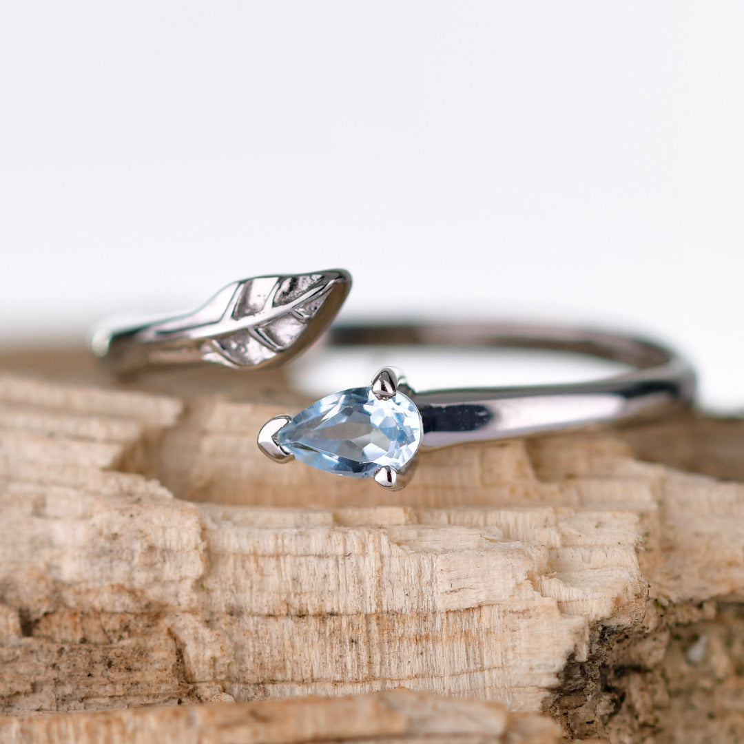 Sterling Silver Topaz Leaf Ring Size I-T Adjustable Blue December Birthstone