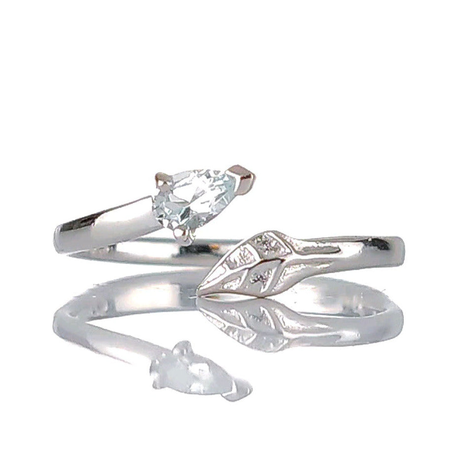 sterling silver aquamarine leaf ring adjustable size i-t march birthstone designed in the UK