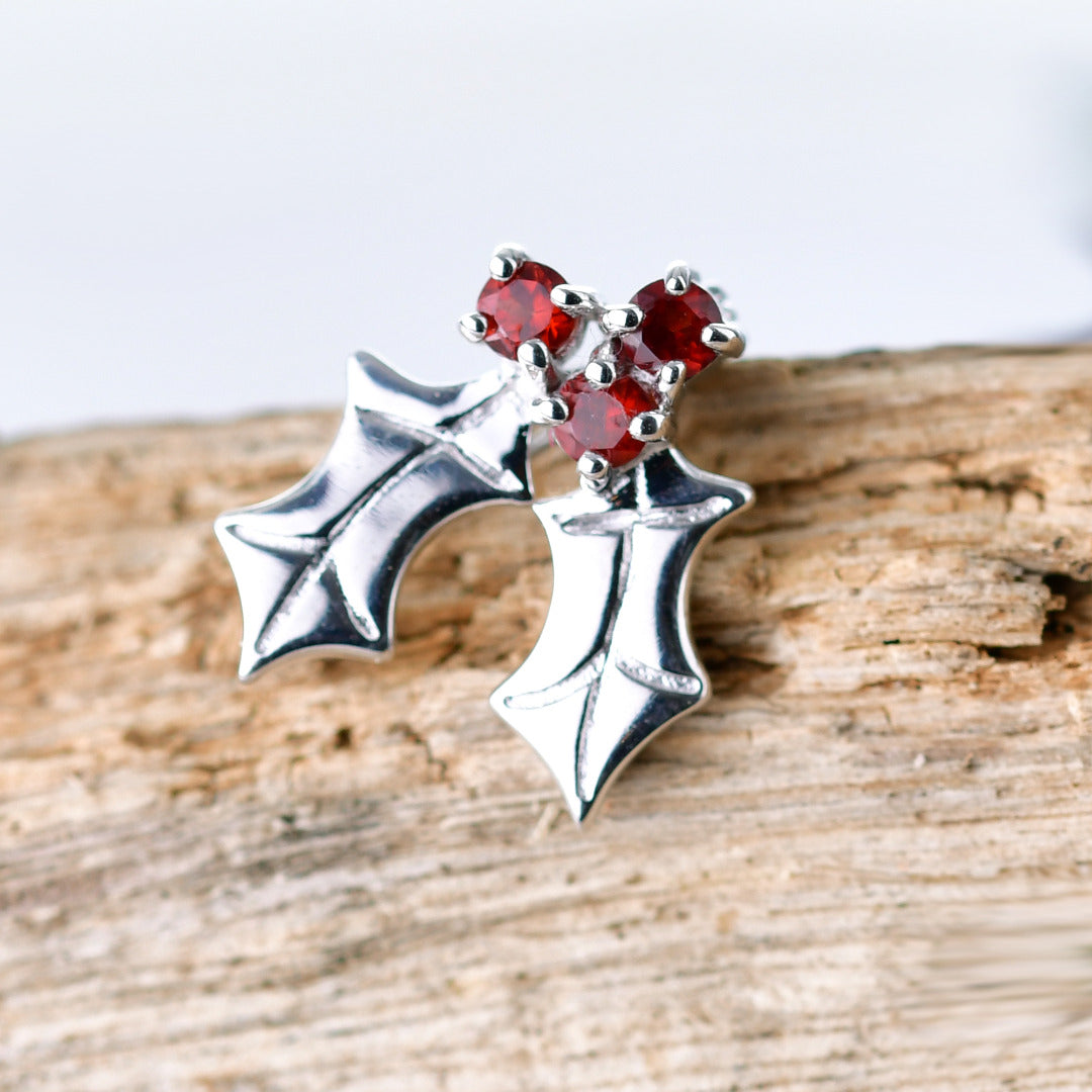 Holly Garnet Brooch Sterling Silver SMALL Natural Red Stones