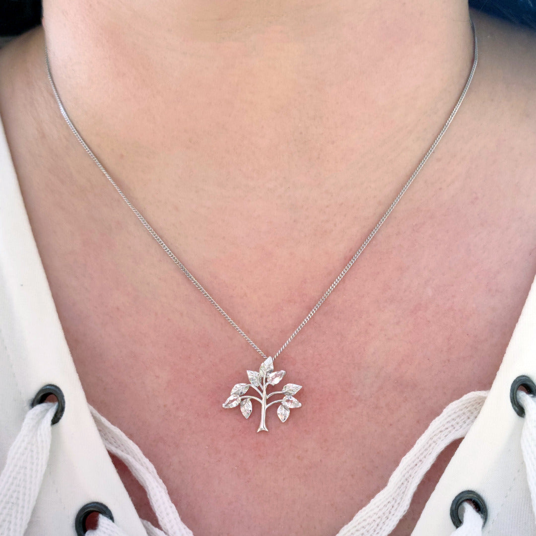 White Topaz Necklace Earring Set 1.25ct Pear Tree of Life Leaves Sterling Silver