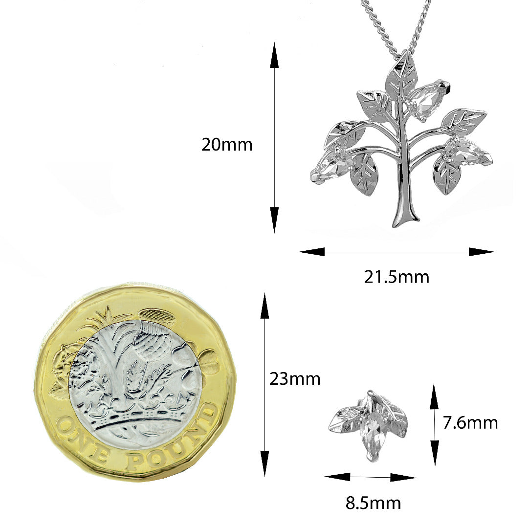 White Topaz Necklace Earring Set 1.25ct Pear Tree of Life Leaves Sterling Silver
