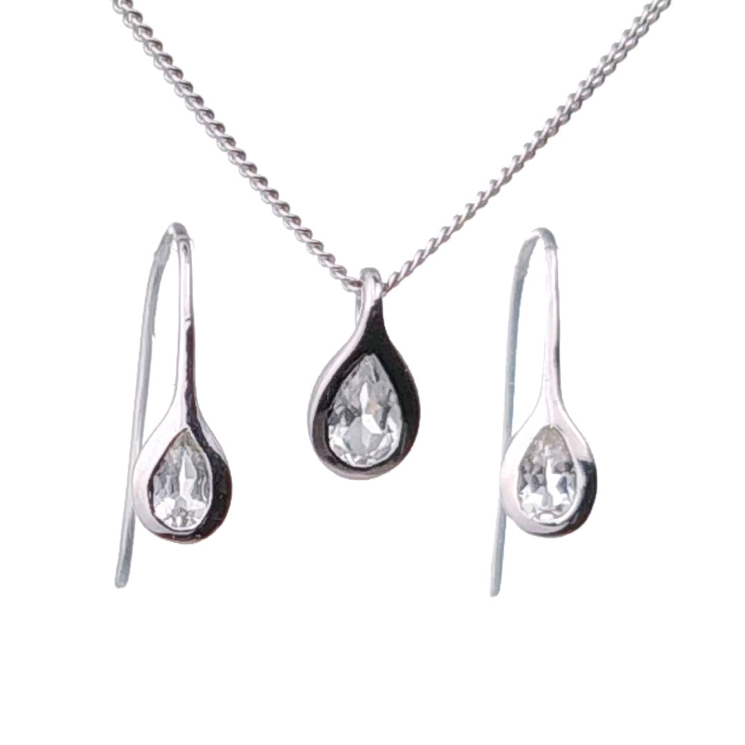 White Topaz Necklace Earring Set 1ct Pear Pendant Sterling Silver