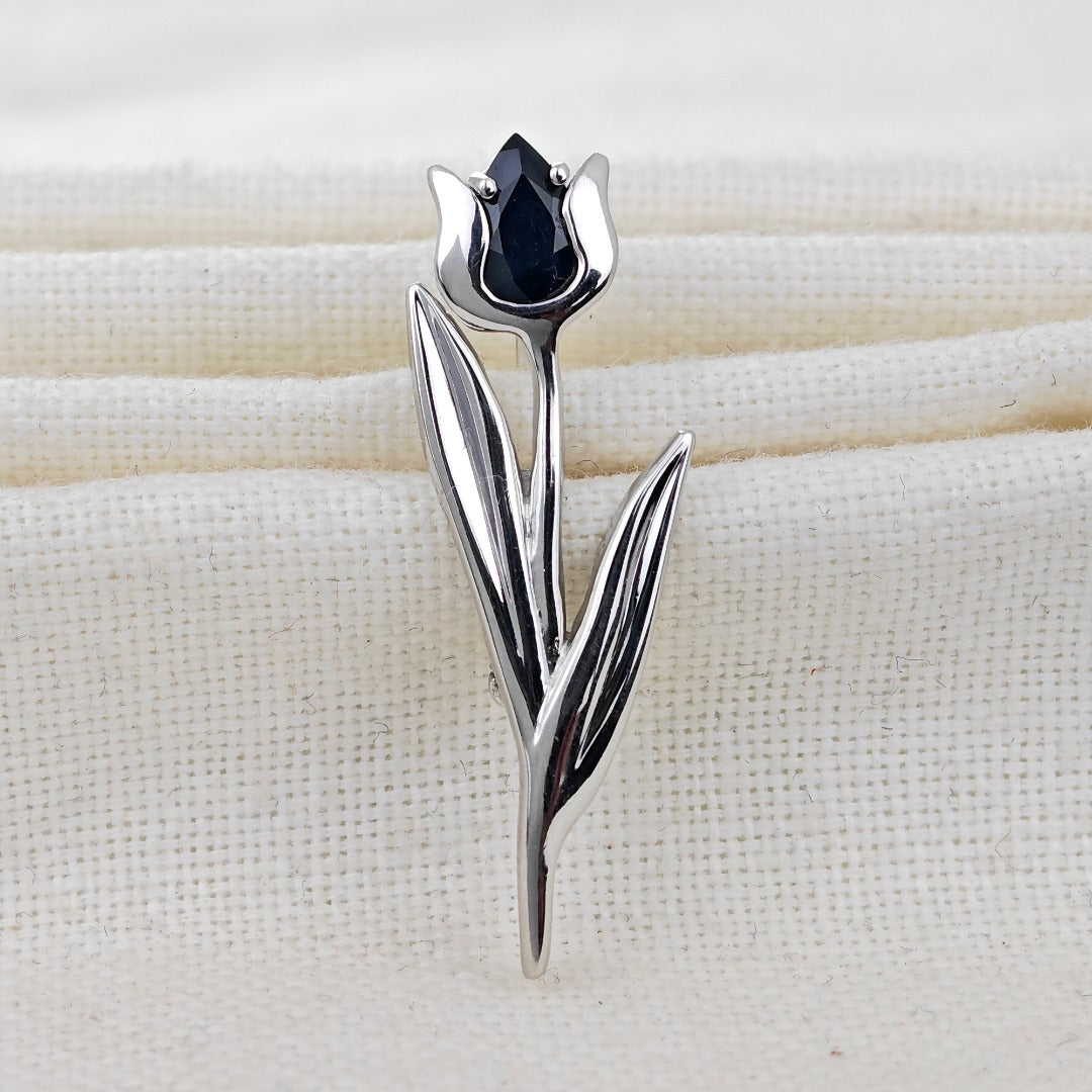 Sapphire Flower Brooch Sterling Silver Tulip Boxed Gift