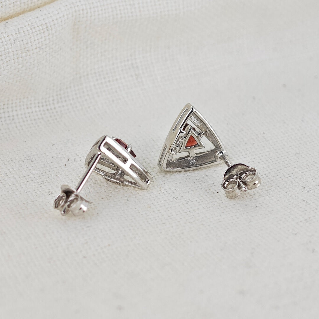Garnet Earrings Sterling Silver Studs Trillion