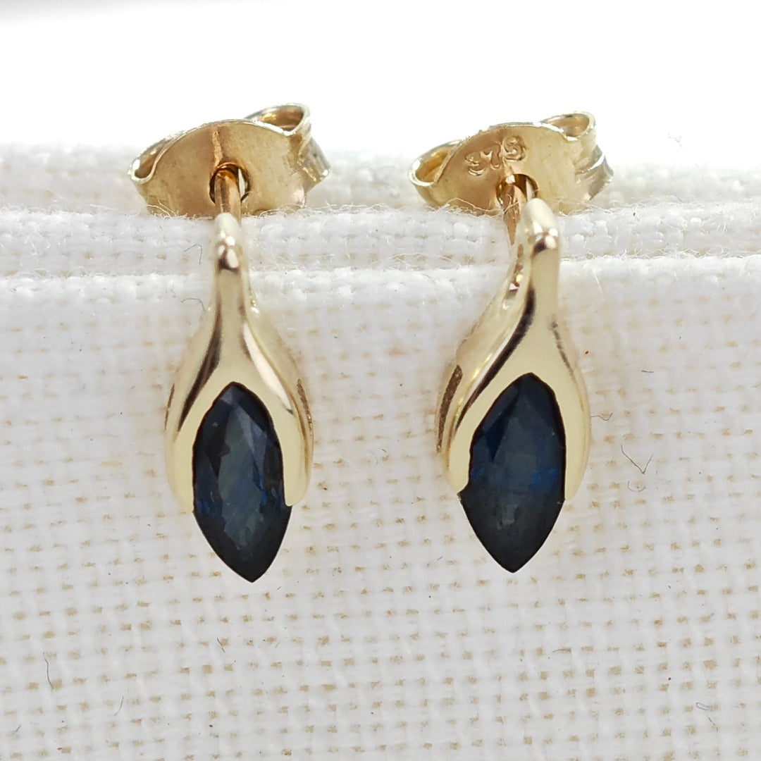 Blue Sapphire Earrings 9ct Yellow Gold Studs Minimalist Marquise