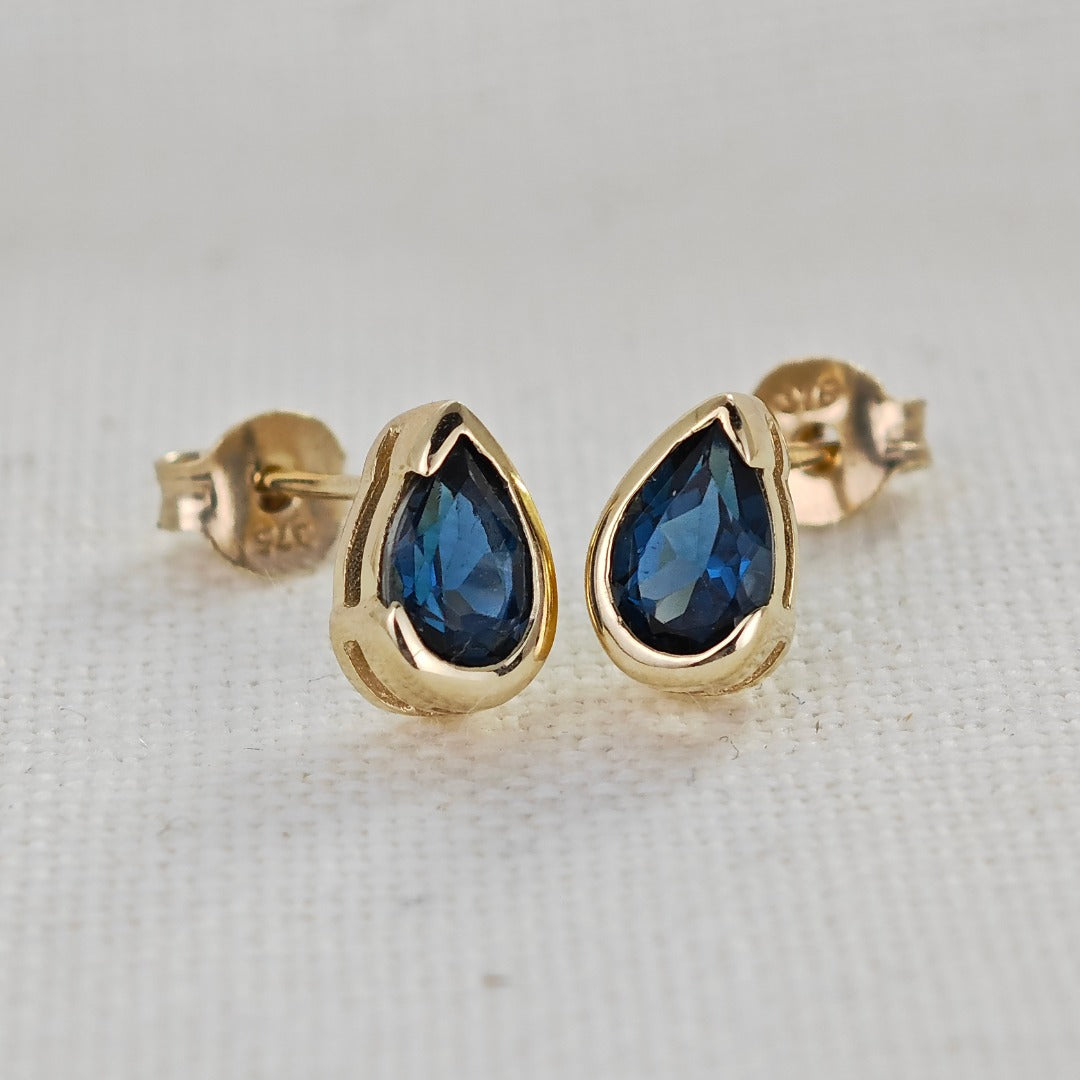 9ct Yellow Gold Earrings London Blue Treated Topaz Studs Handmade