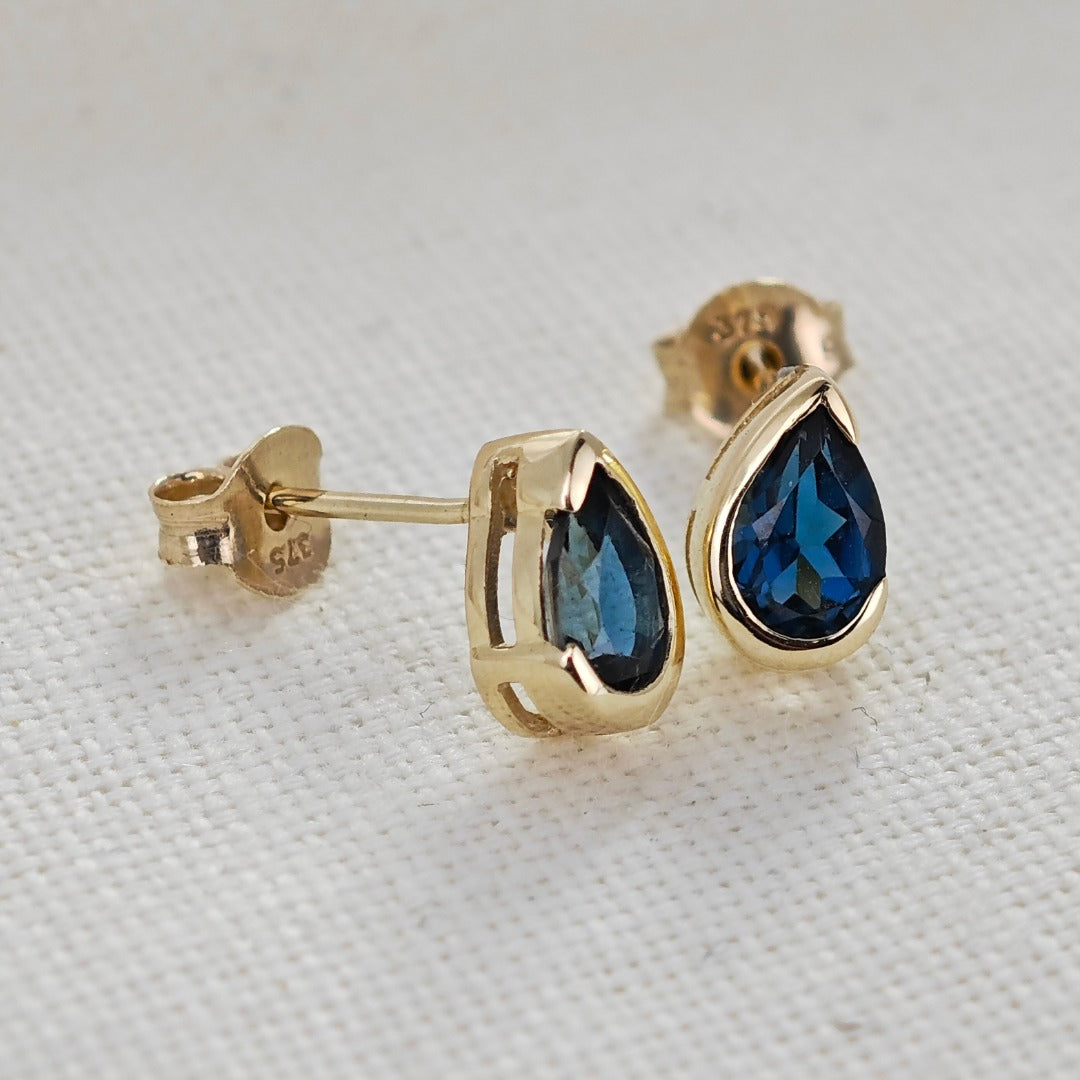 9ct Yellow Gold Earrings London Blue Treated Topaz Studs Handmade